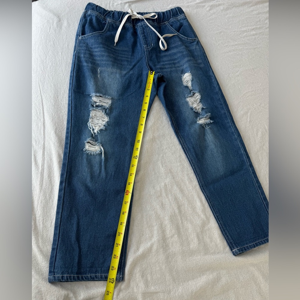 Japanese Weekend Women's Distressed Blue Boyfriend Jeans - Picture 5 of 10